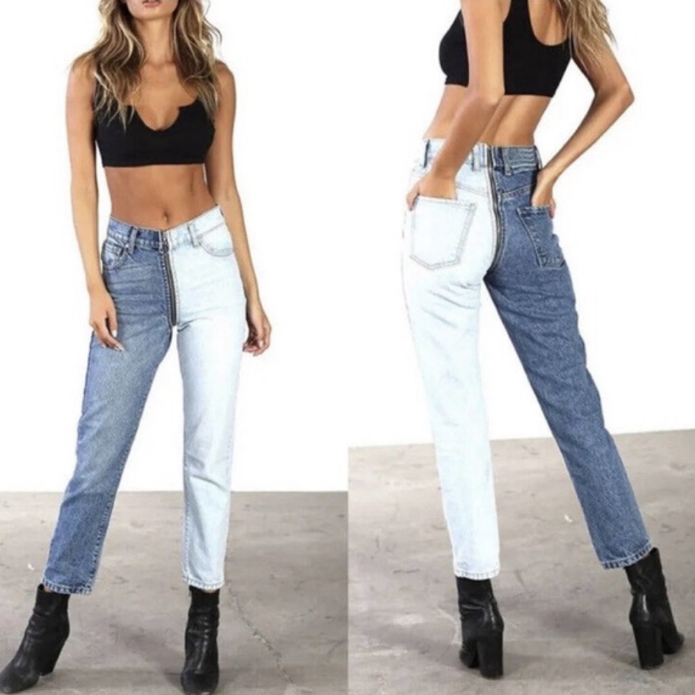 REVICE Yin Yang High Rise Two Tone Jeans Split Full Zip Tokyo Wash Sz 27